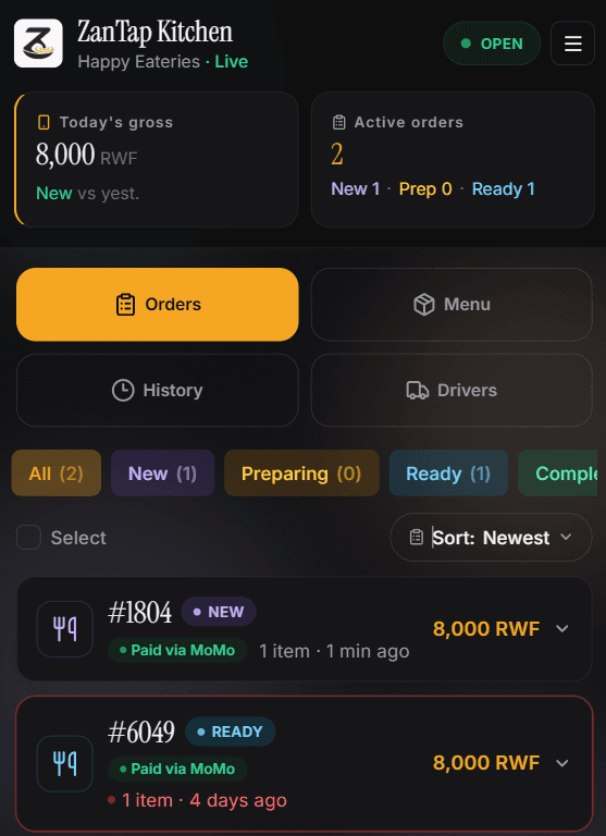 ZanTap kitchen dashboard listing paid orders