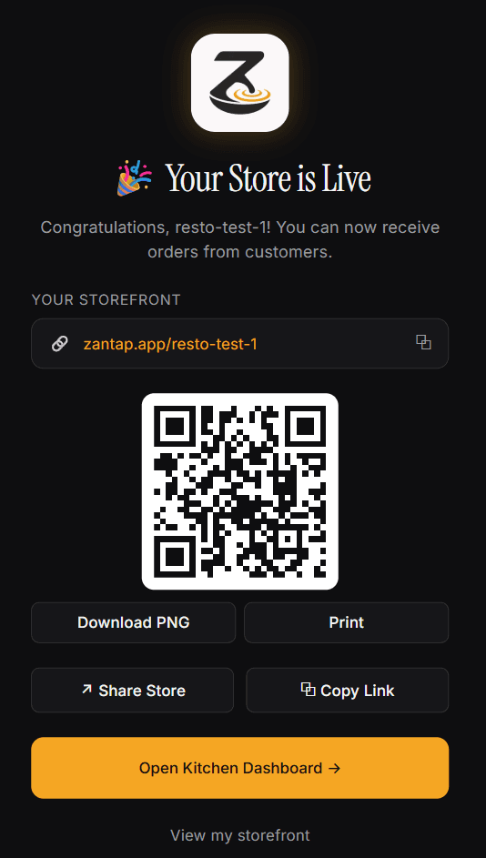 ZanTap onboarding success screen with storefront link and QR code