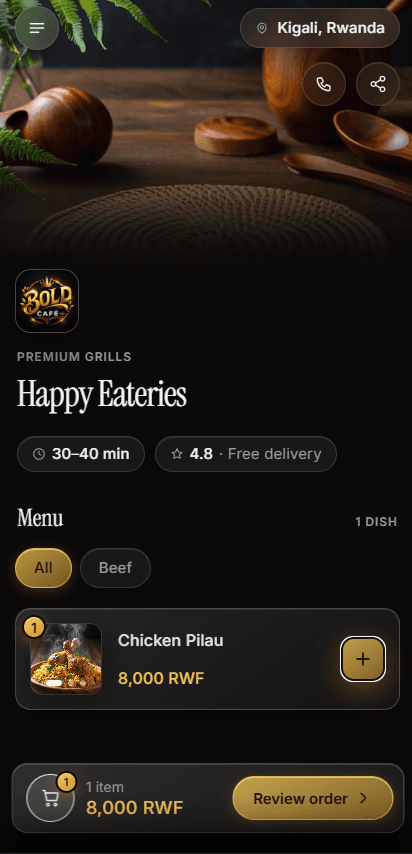 A ZanTap storefront on a phone showing a menu and cart